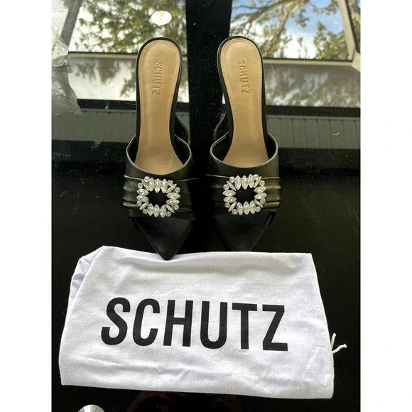 SCHUTZ Meisho Mid Heel Mule Sparkly Jeweled Crystal Black Leather Size 10 - Picture 4 of 7